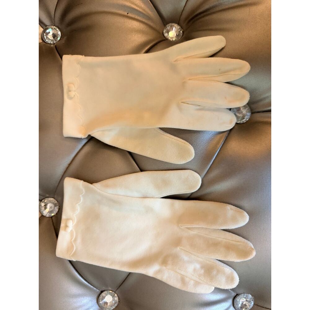Vintage Cream Dress Gloves Women’s Scalloped Cuff Embroidered Bow Formal - Picture 3 of 14